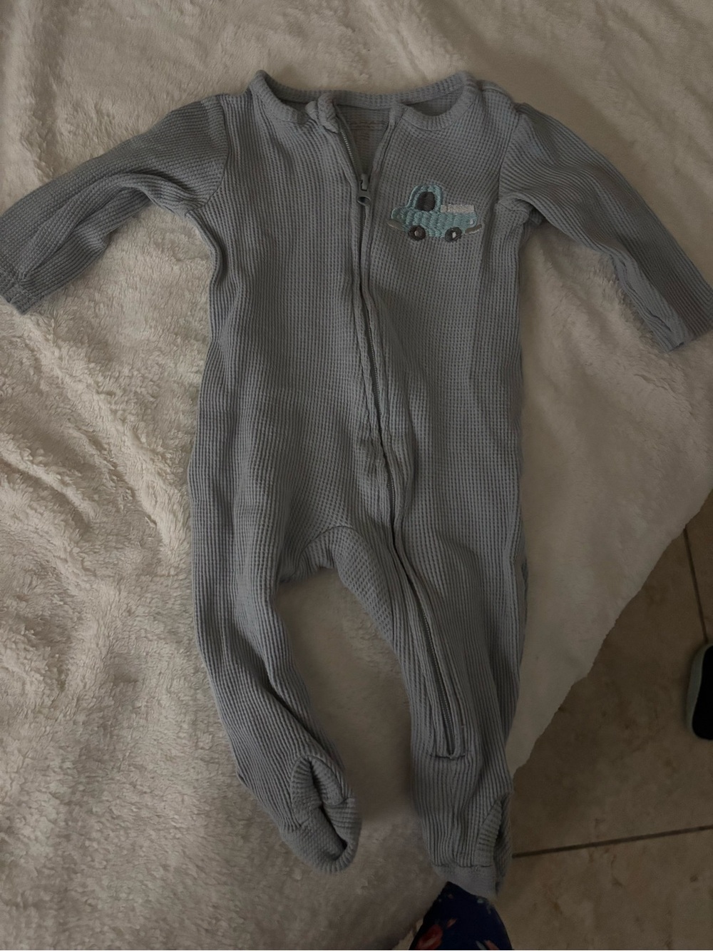Baby Blue Waffle-Knit Footed One-Piece with Truck Embroidery